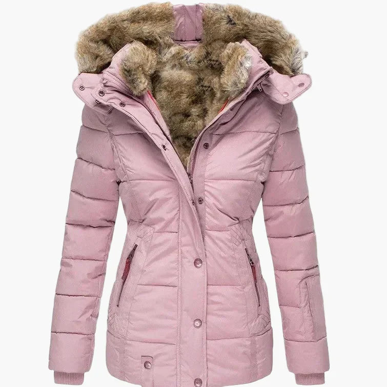 Women's Quilted Winter Jacket Hood Faux Fur Warm