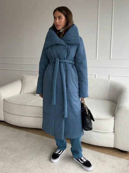 Women's Quilted Long Winter Parka with Belt