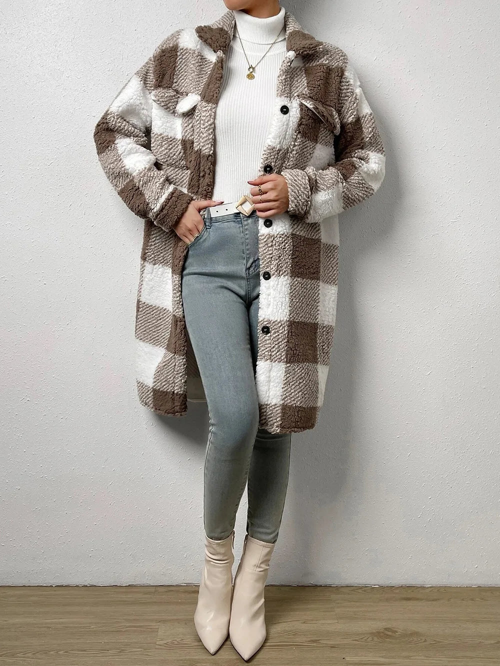 Langer Fleece-Mantel Kariert Warm - IdealeKleiden