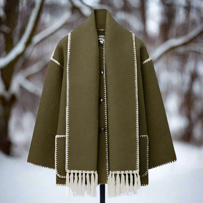 Women's Loose Fit Wool Coat Button Closure with Decorative Stitching and Scarf