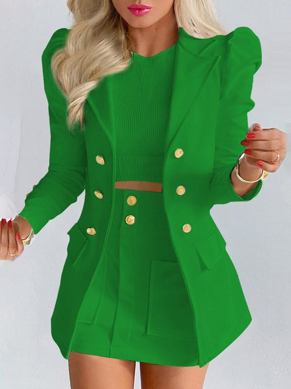 Women's Chic Plaid Blazer Skirt Set