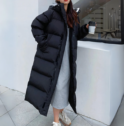 Women's Long Winter Jacket Hood Zipper