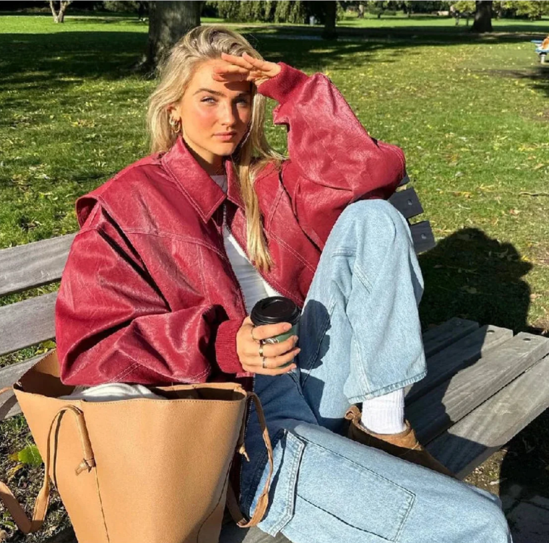 Oversized Leather Bomber Jacket Trendy Style