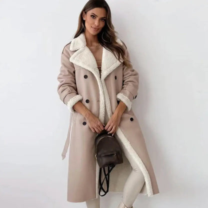 Long women's fleece jacket with teddy collar, warm