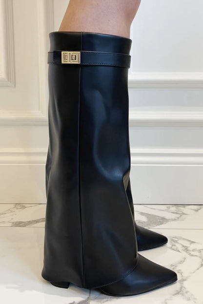 Fold-over Knee-High Suede Buckle Block Heel Boots