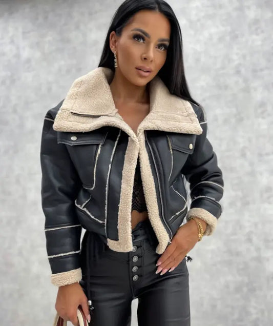 Lederjacke Damen Warm Fleece Winterlook - IdealeKleiden