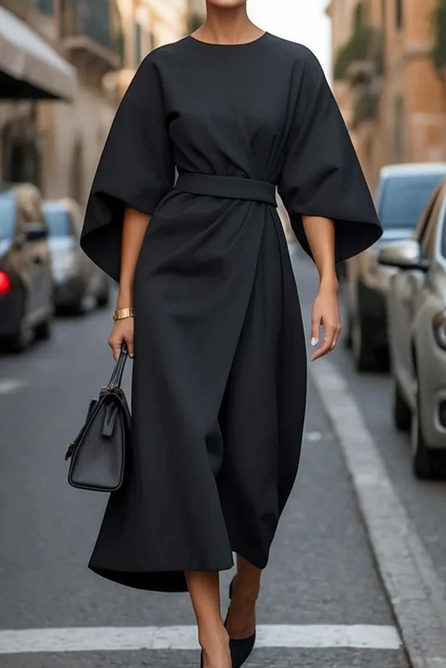 Women's Elegant Midi Dress with Waist Belt