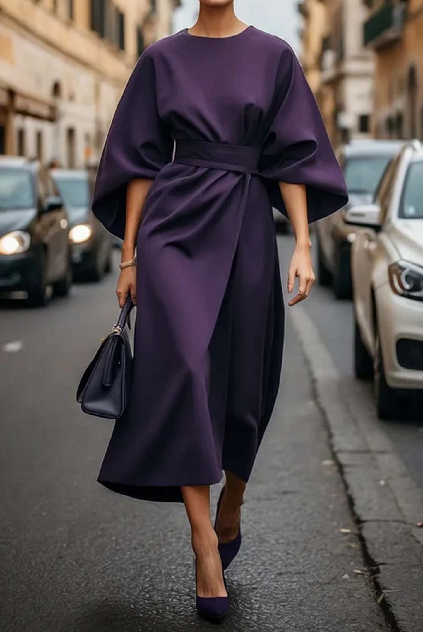 Women's Elegant Midi Dress with Waist Belt