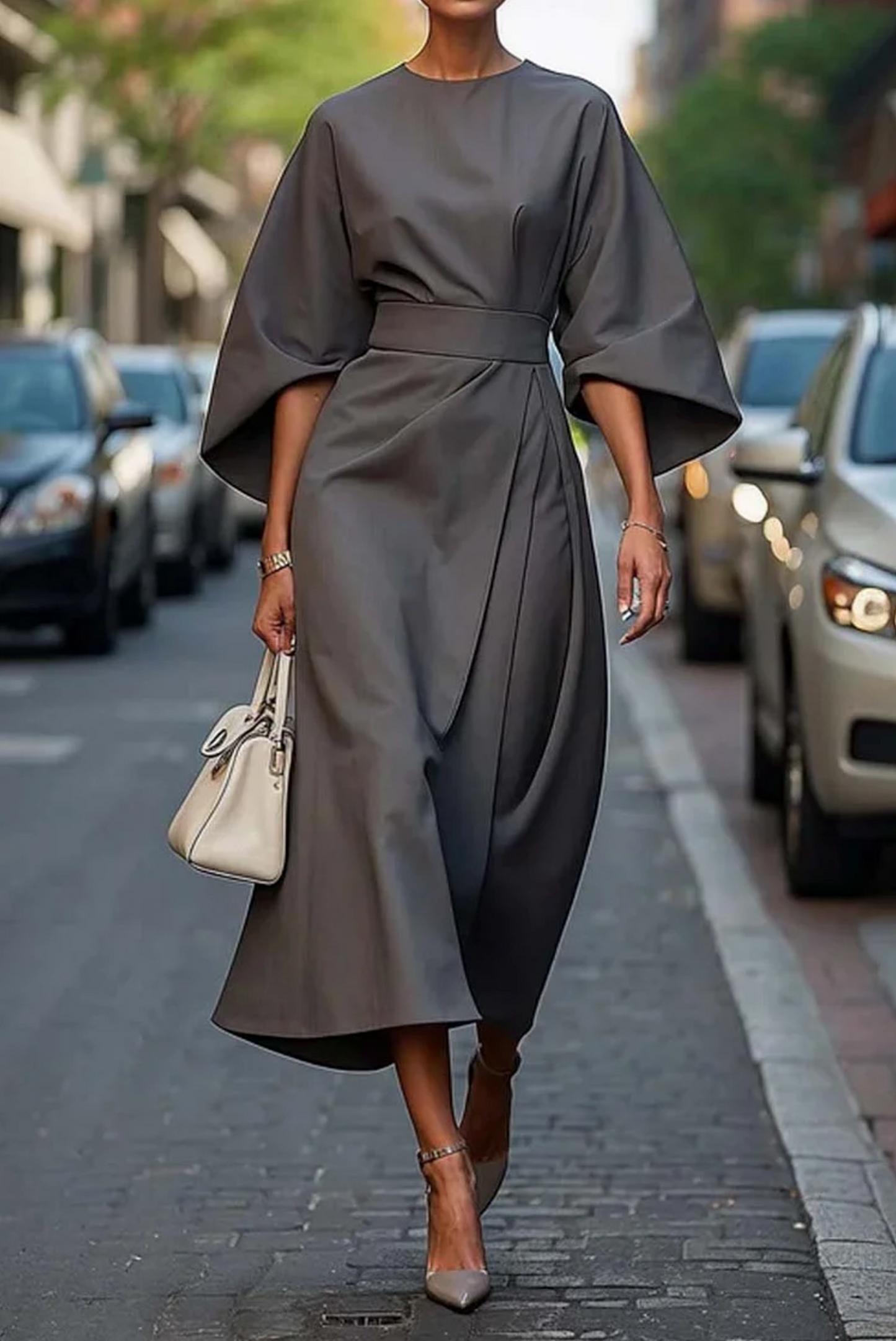 Women's Elegant Midi Dress with Waist Belt