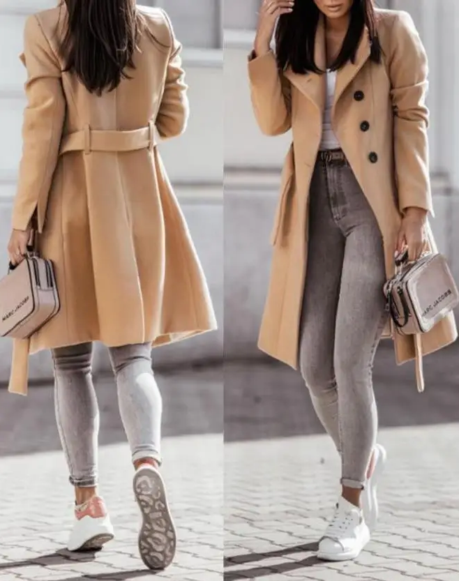 Stylish Women's Coat Long Buttons Elegance