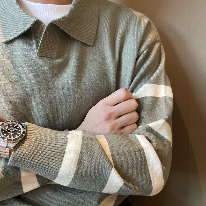 Herren Strickpullover Streifen Kragen Modern - IdealeKleiden