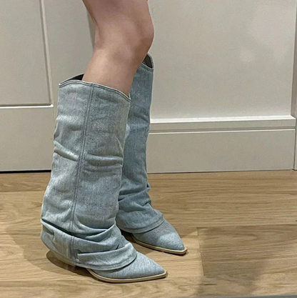 Trendige Damen-Kniestiefel Jeans-Style - IdealeKleiden