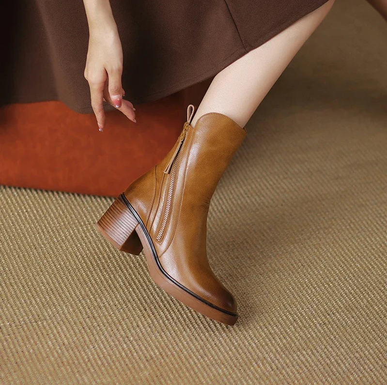 Women's Ankle Boots Genuine Leather Block Heel