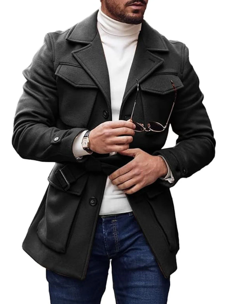 Men's Winter Coat Multi-Pocket Drawstring Closure
