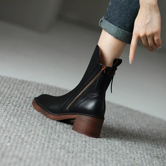 Damen Stiefelette Echtleder Blockabsatz - IdealeKleiden