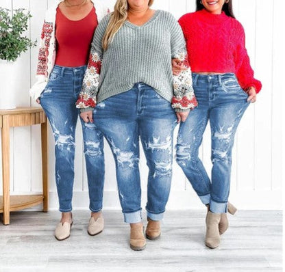 Ripped Boyfriend Jeans with Cuffs