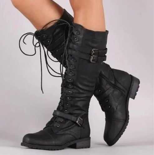 Retro Stiefel Damen Flach Schnalle Schnürsenkel - IdealeKleiden