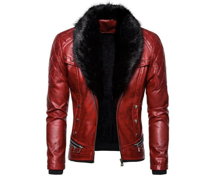 Men's Leather Jacket Biker Style Detachable Collar