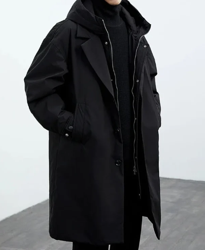 Men's Trench Coat Hood Button Closure Elegant