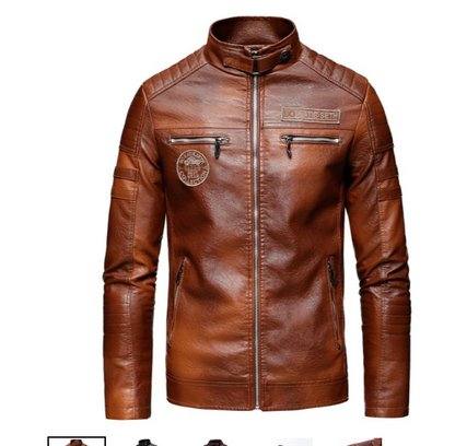 Men's Leather Biker Jacket With Patches