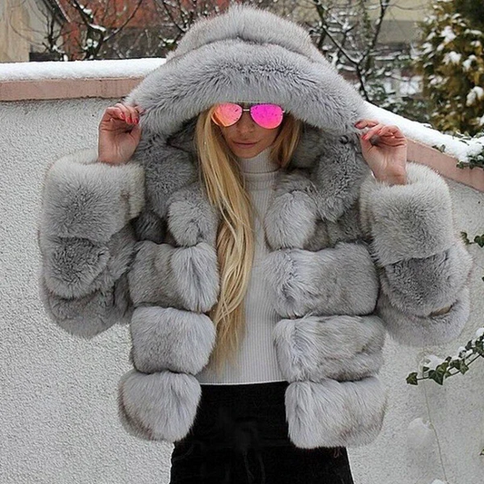 Luxus Damenjacke Kapuze Kunstfell Look - IdealeKleiden