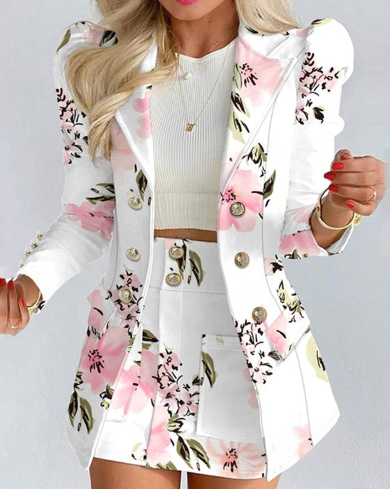 Blazer Damen Blumenmuster Puffärmel Elegant - IdealeKleiden