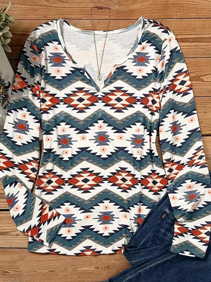 Stylish Long Sleeve Shirt Geometric Pattern Women