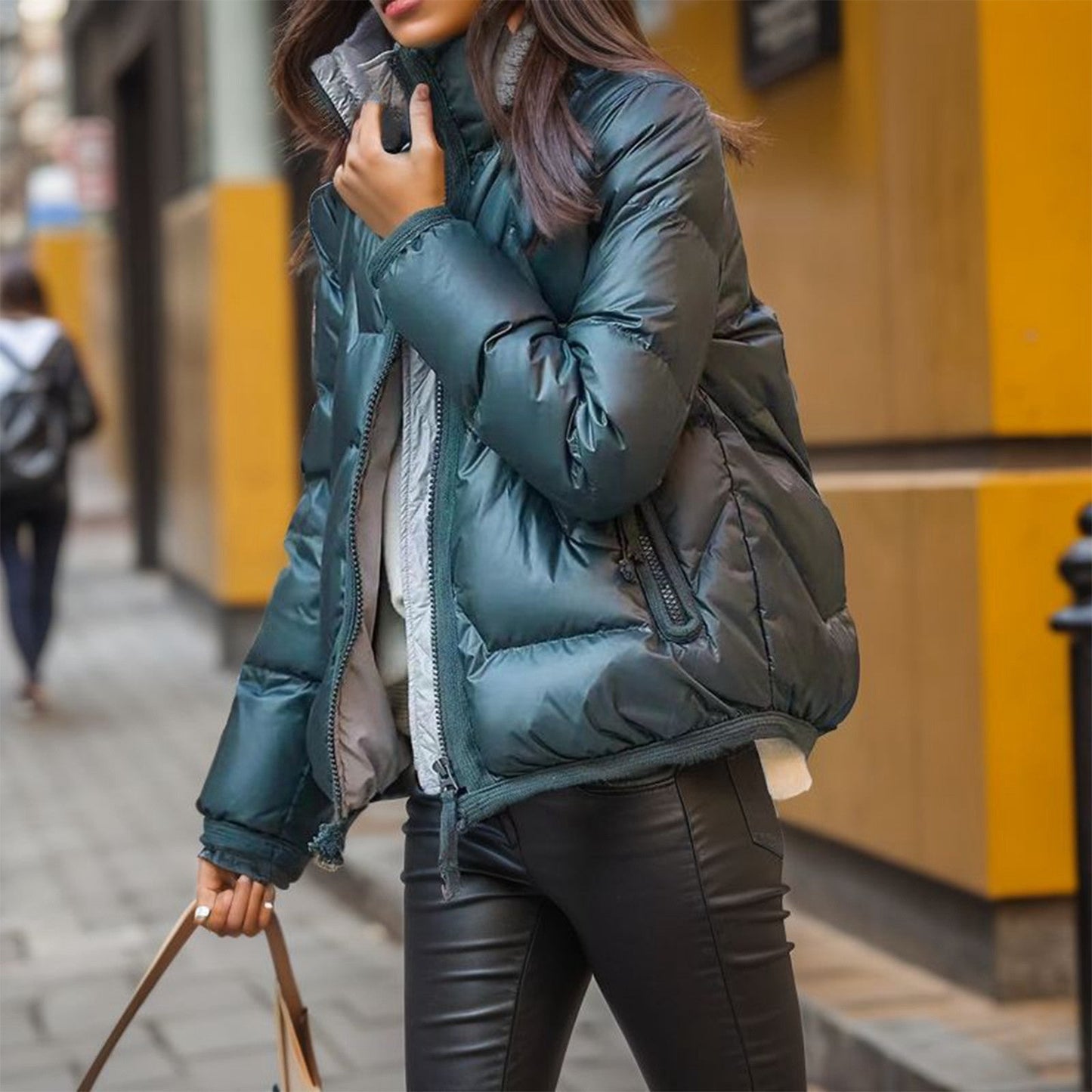 Modische Steppjacke Glänzend Schwarz - IdealeKleiden