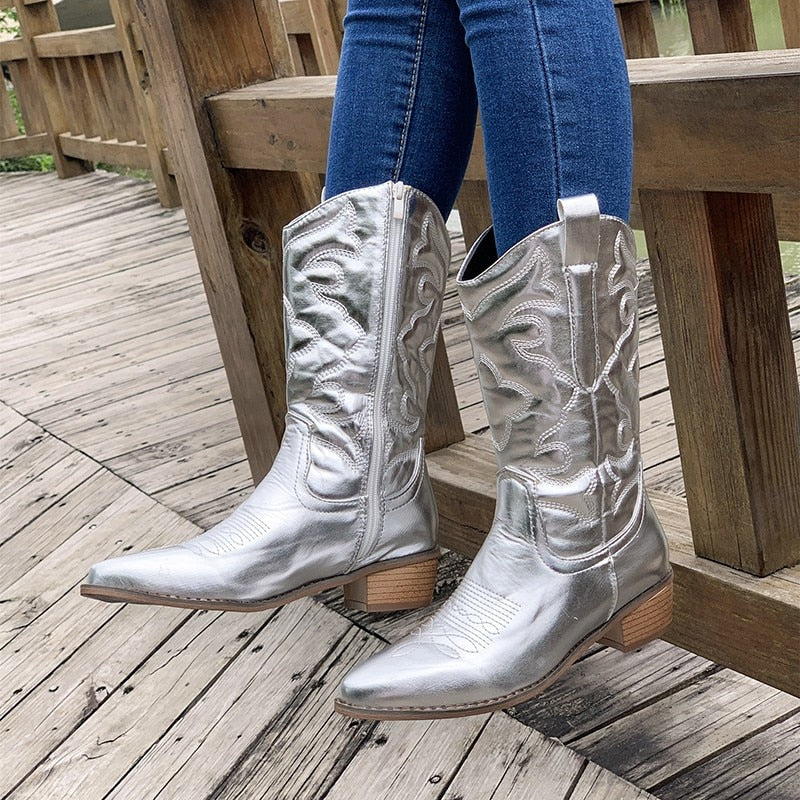 Retro Western Boots Mid-Calf Neon Toe