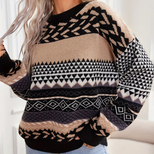 Retro Strickpullover Kontrast Details Vintage Look - IdealeKleiden