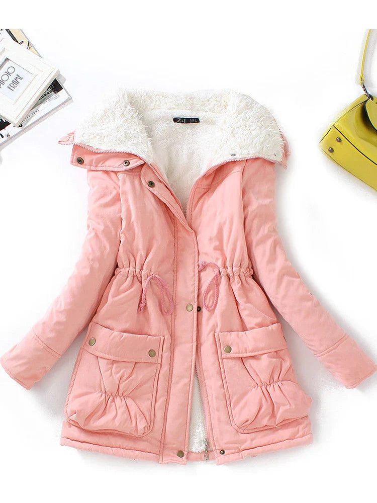Warm winter dress with faux fur lining and adjustable fit