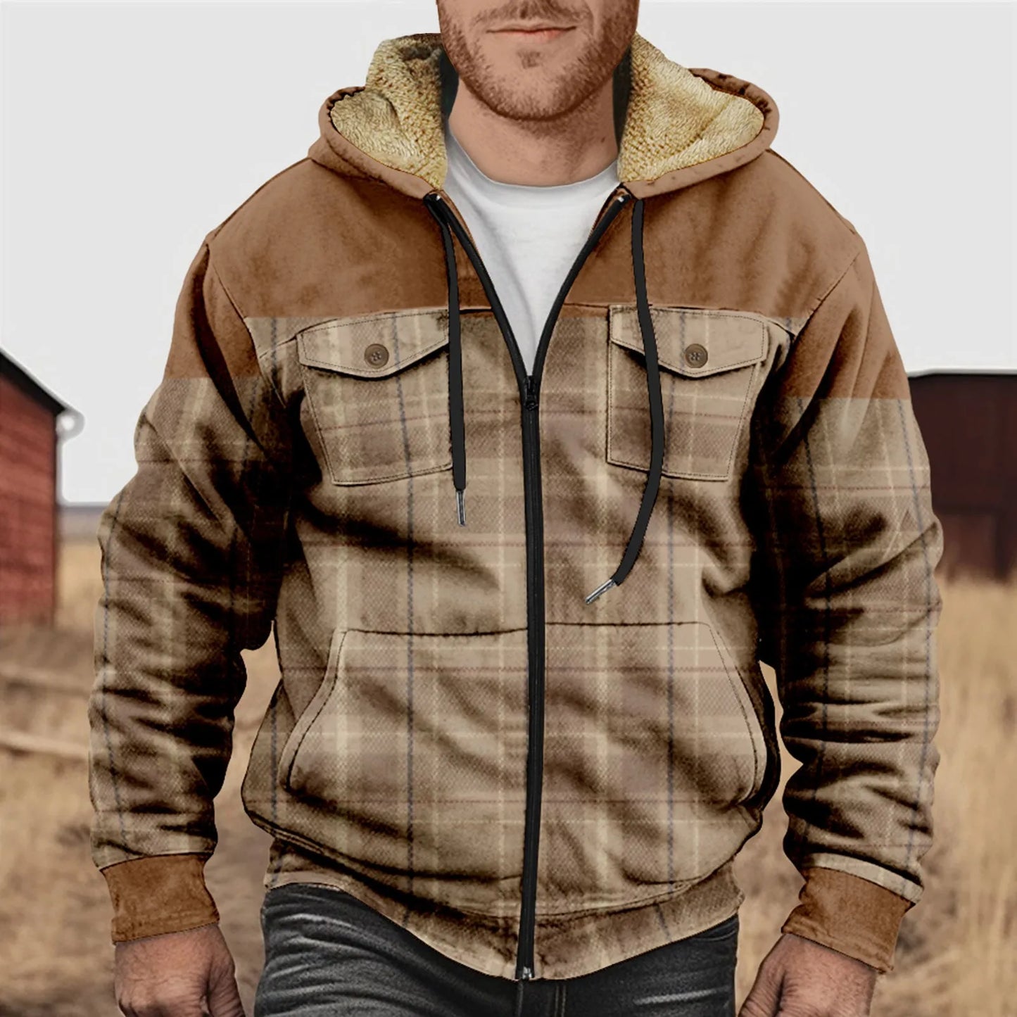 Men's Flannel Plaid Fleece Warm Hooded Shirt