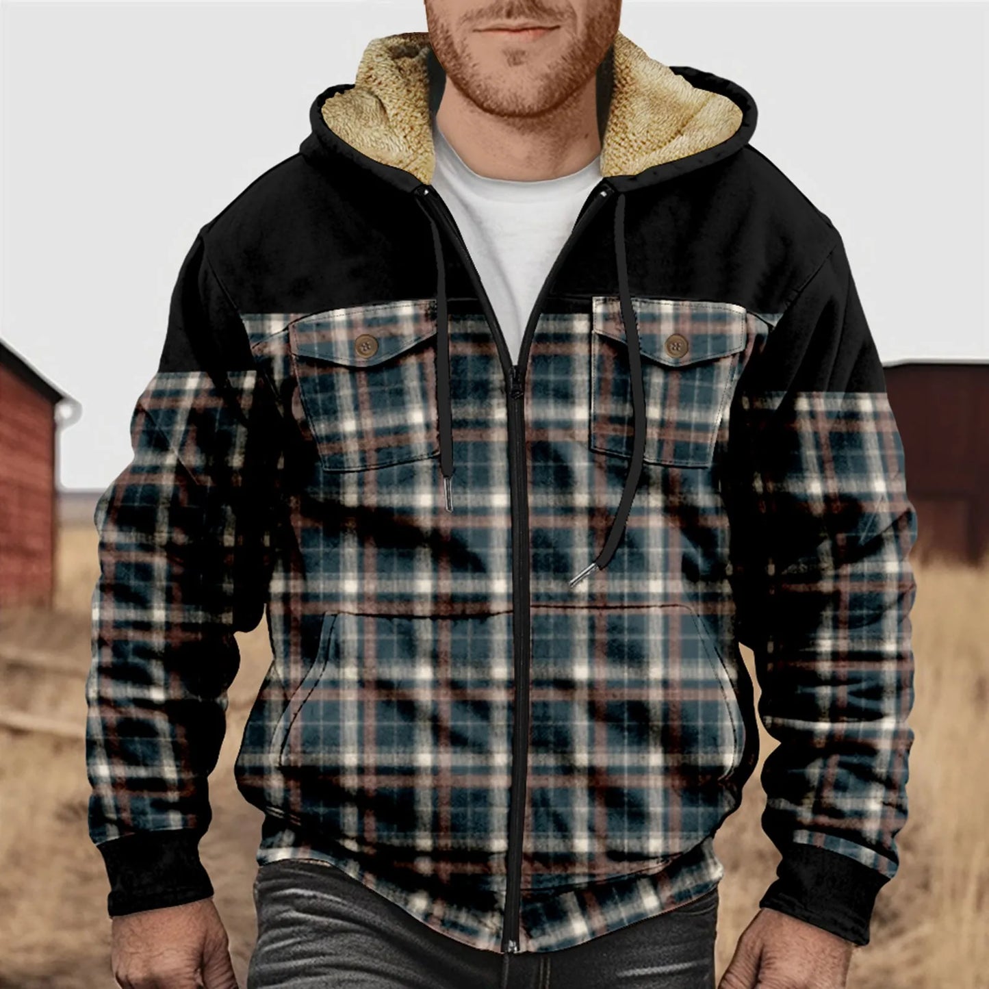 Men's Flannel Plaid Fleece Warm Hooded Shirt
