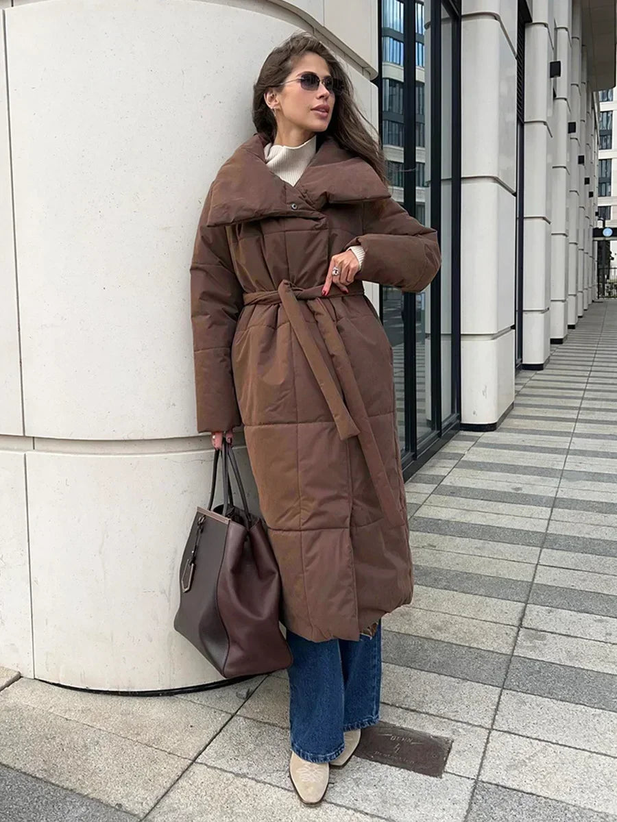 Women's Quilted Long Winter Parka with Belt