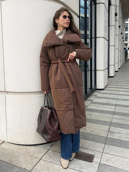 Women's Quilted Long Winter Parka with Belt