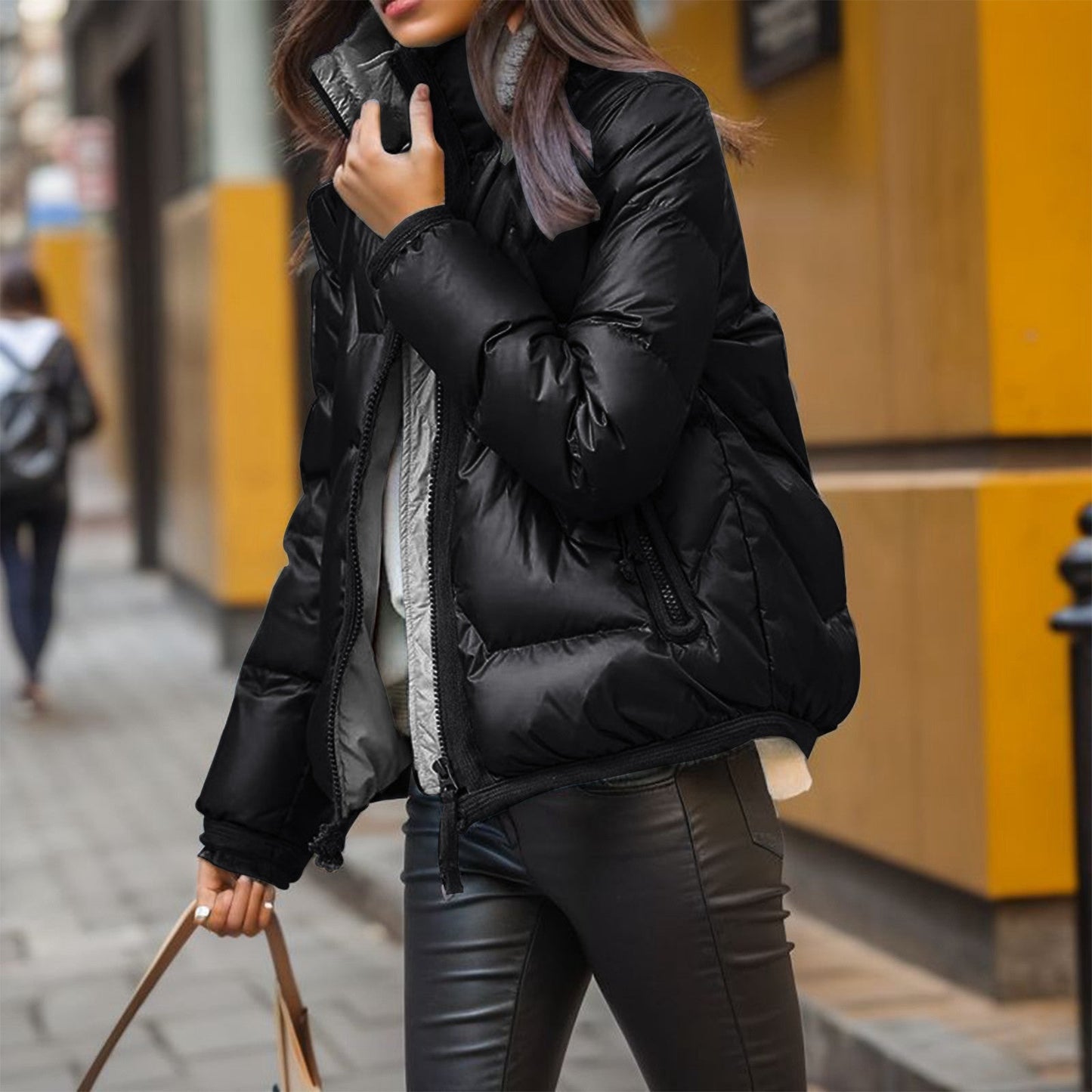 Fashionable Quilted Jacket Shiny Black