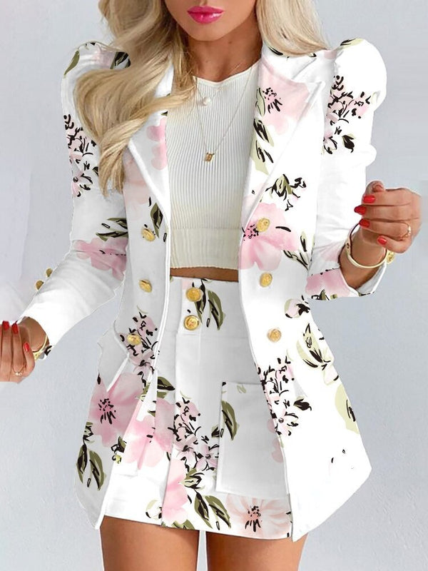 Women's Chic Plaid Blazer Skirt Set