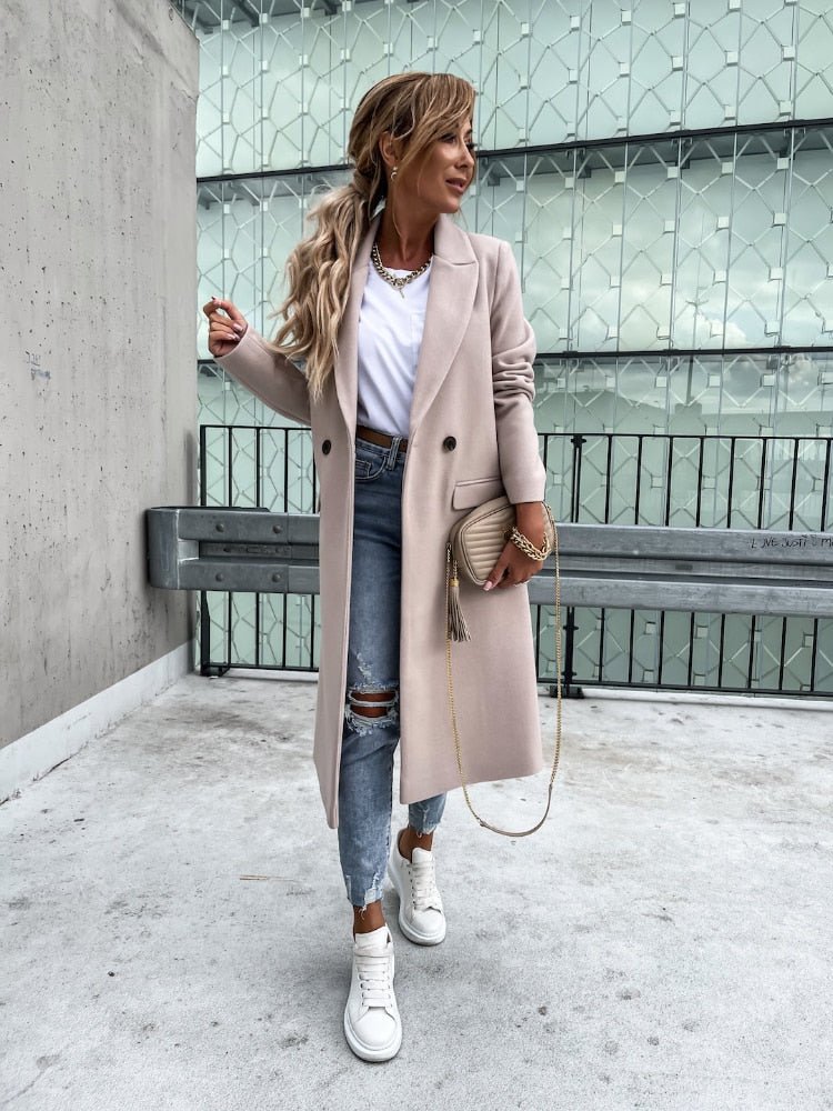 Women's Long Elegant Winter Jacket with Lapel Collar and Pockets