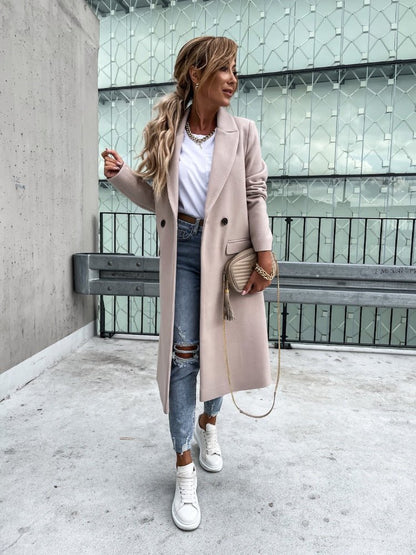 Women's Long Elegant Winter Jacket with Lapel Collar and Pockets