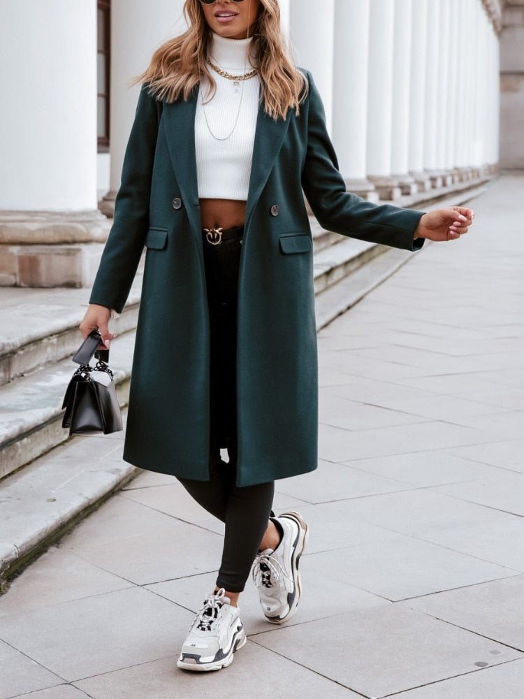 Women's Long Elegant Winter Jacket with Lapel Collar and Pockets