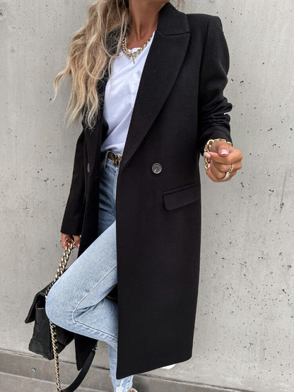 Women's Long Elegant Winter Jacket with Lapel Collar and Pockets