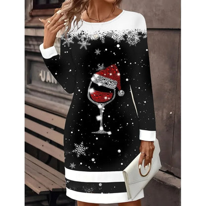 Weihnachtskleid Damen Schneemann Print Pulloverdress