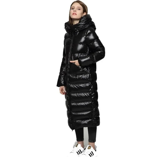 Elegante Damen Daunenjacke Lang Schwarz - IdealeKleiden
