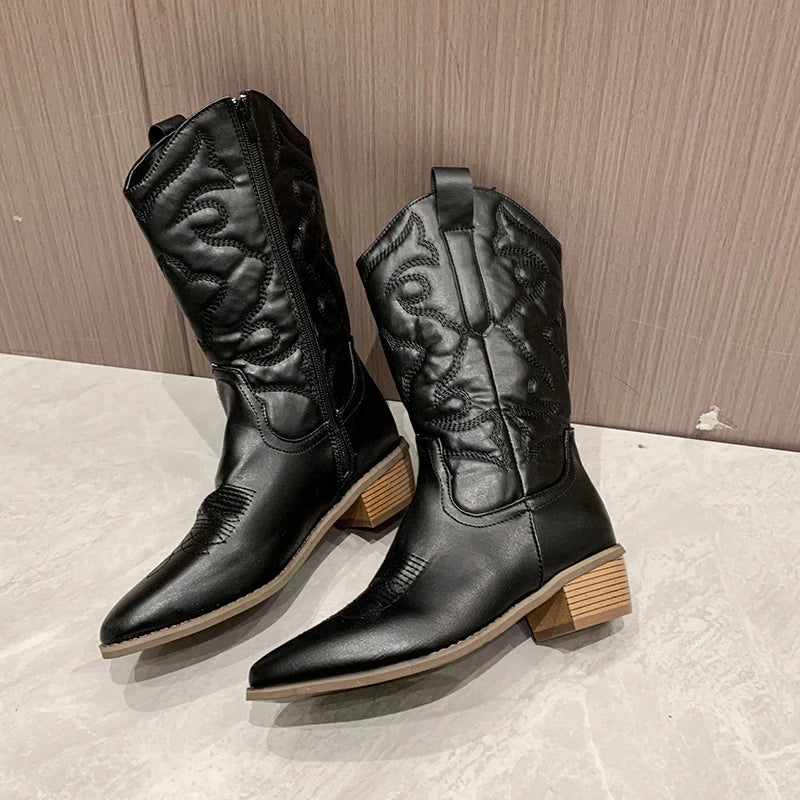 Retro Western Boots Mid-Calf Neon Toe