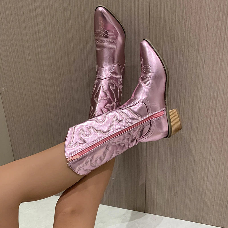 Retro Western Boots Mid-Calf Neon Toe