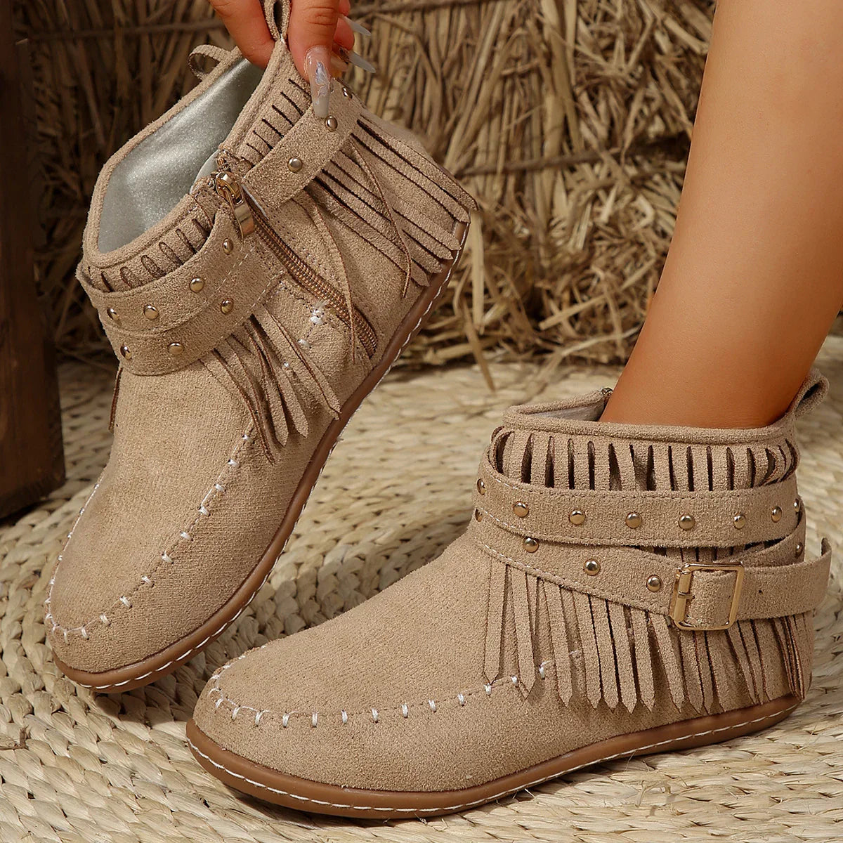 Retro Ankle Boots Suede Buckle Cowboy Style