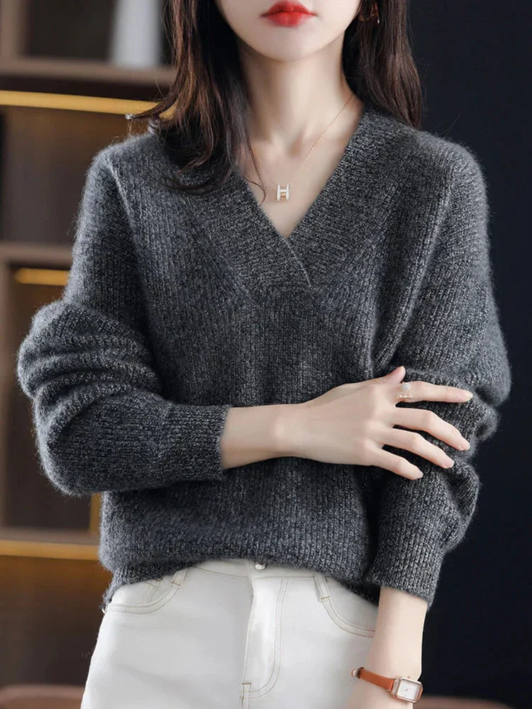 Damen Pullover V-Ausschnitt Langarm Strick