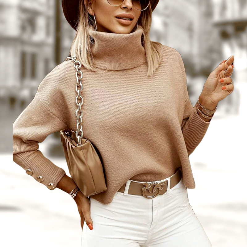 Stilvoller Damen Rollkragenpullover mit Knöpfen - IdealeKleiden