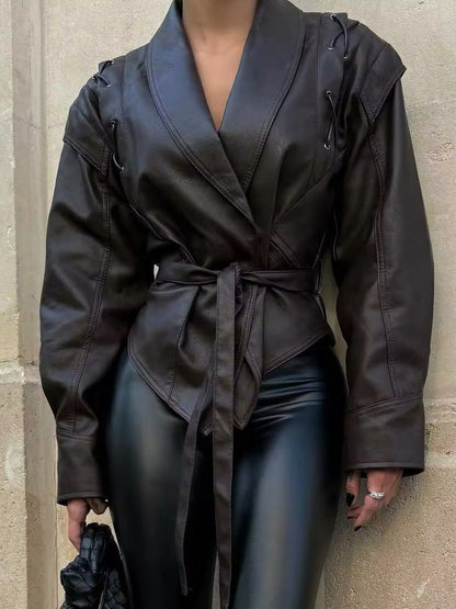 Stylish Leather Jacket Lace-Up Blazer Elegant Collar