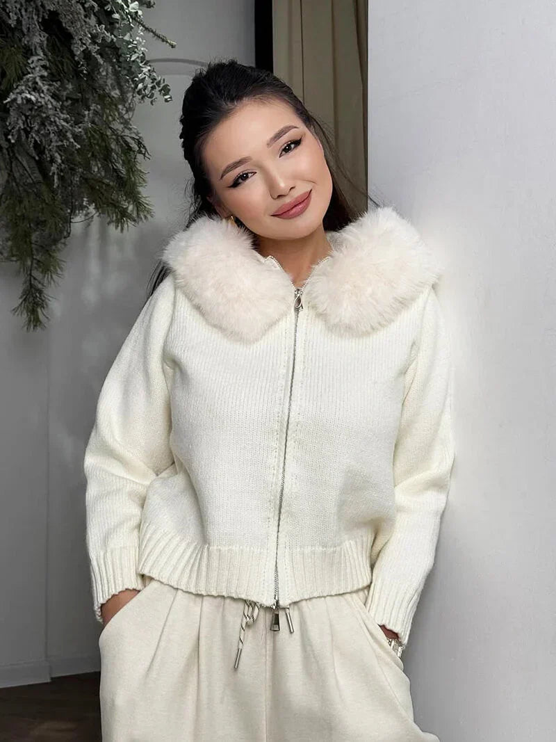 Women's Winter Jacket Grey Hood Faux Fur